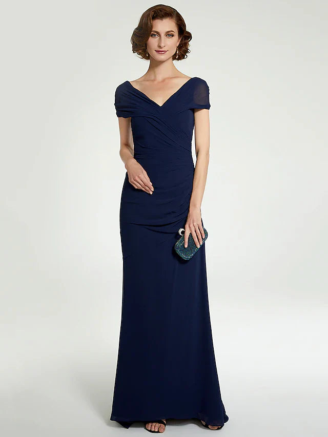 Wholesale A-Line Mother of the Bride Dress V Neck Floor Length Chiffon Sleeveless with Lace Ruching